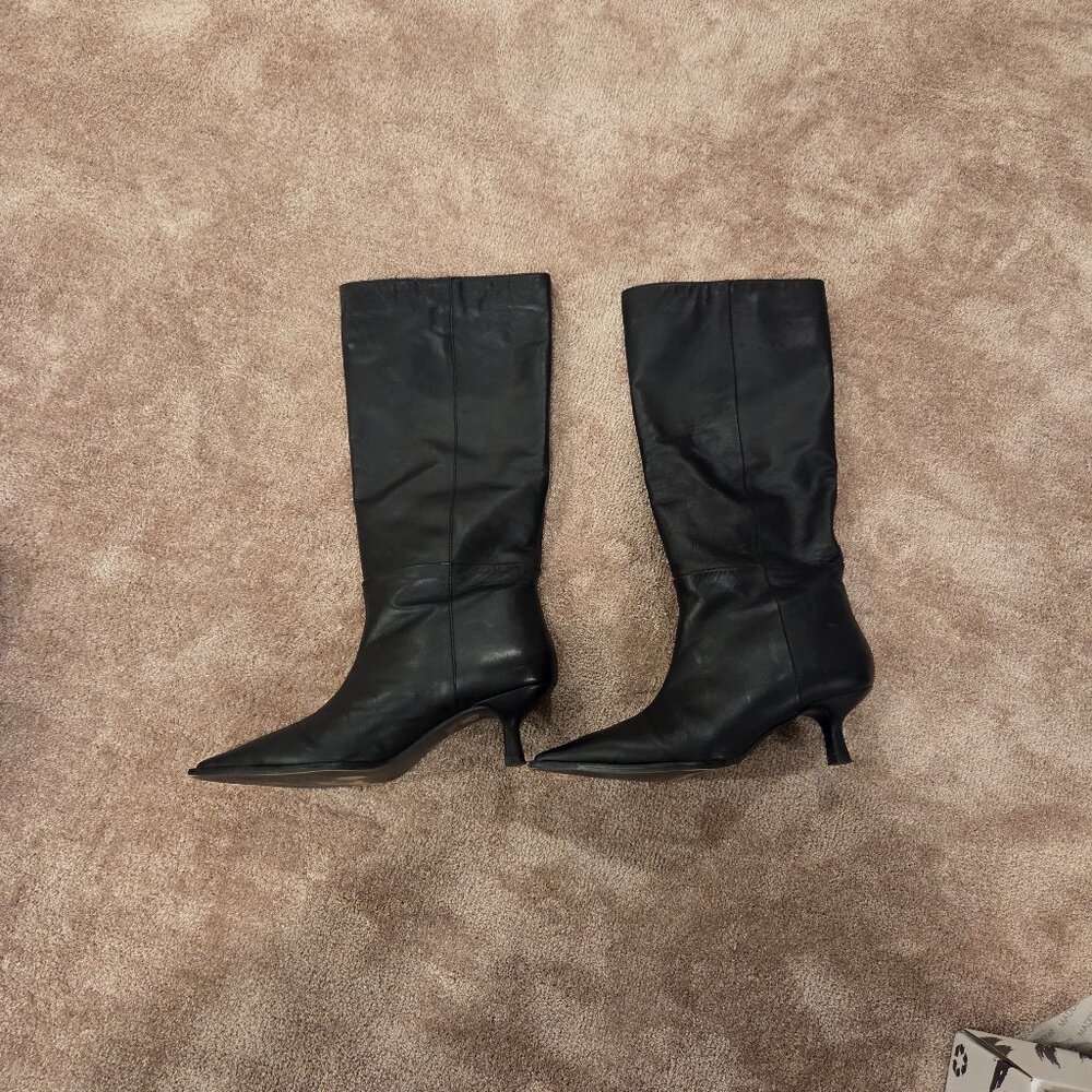 knee-high pointed-toe kitten heels leather boots Women